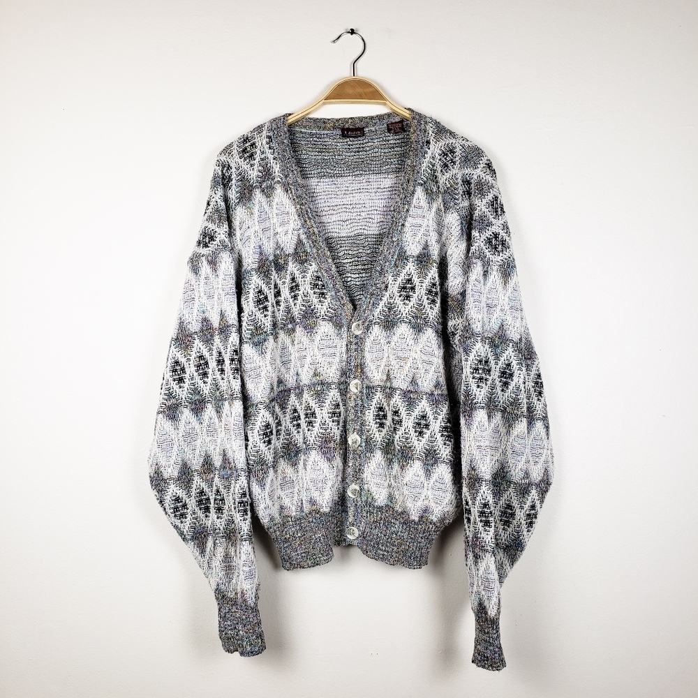 Vintage Textured Oversized Diamond Gray Grandpa Cardigan Sweater